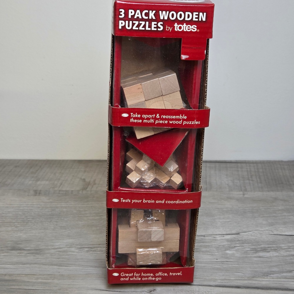Totes 3 Pack Wooden Brain Teaser Puzzles Mini Wood Puzzle Set New Sealed